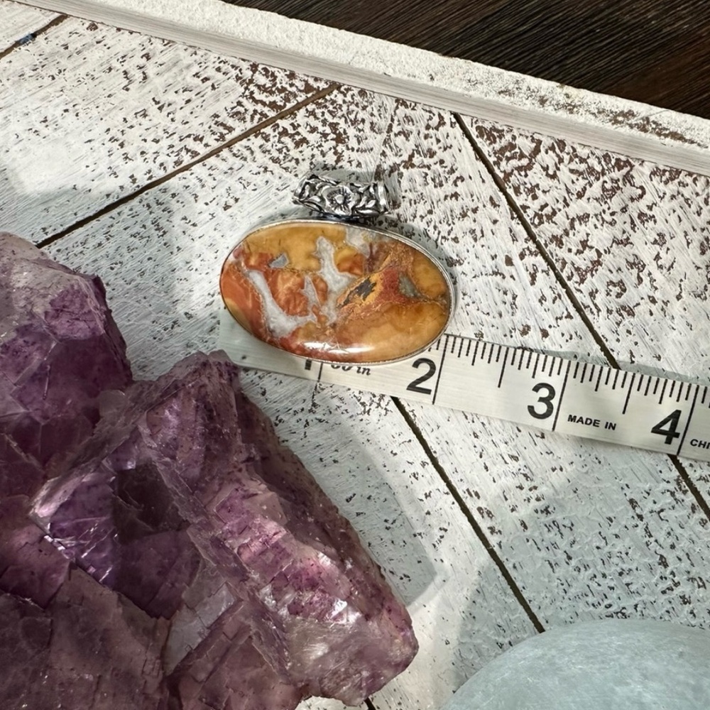Maligano Jasper Sterling Silver 925 Oval Pendant Orange Red Gray Quartz - Picture 8 of 8
